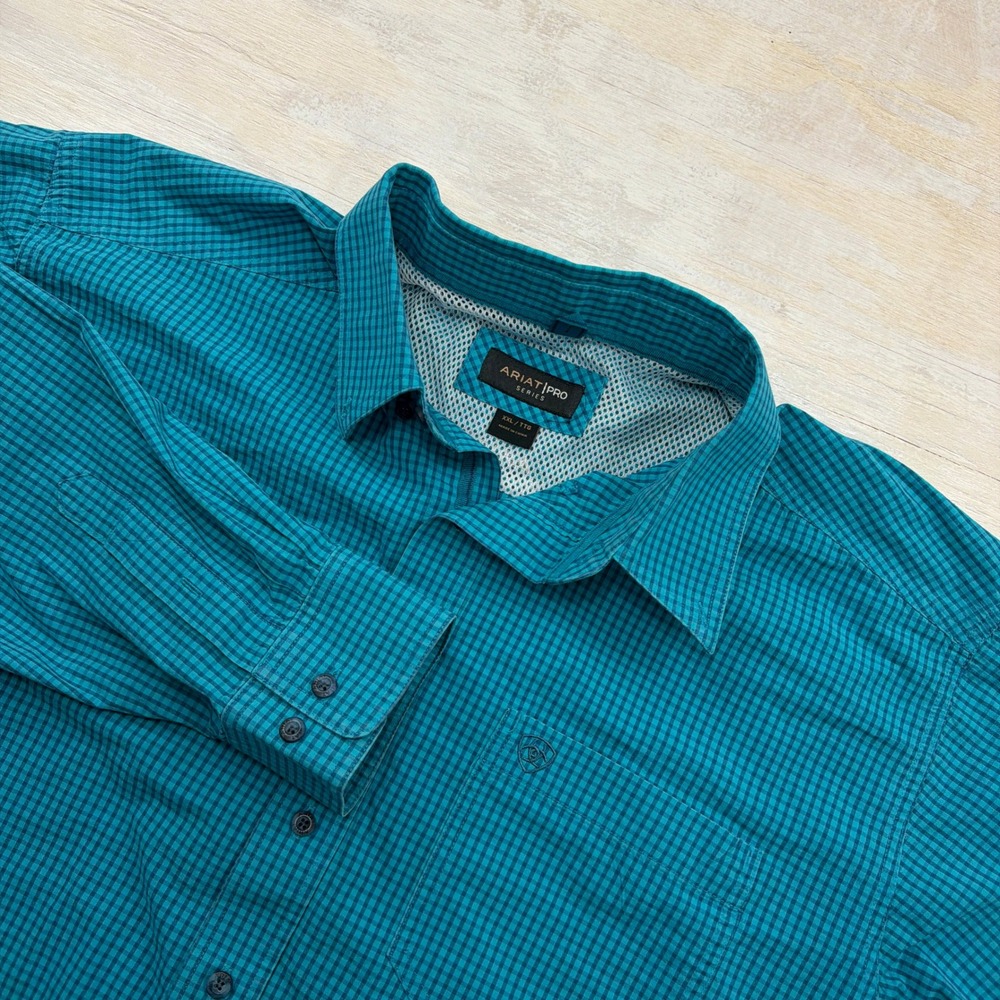 Ariat Shirt Pro Series Micro Gingham Long Sleeve Teal Mens XXL
